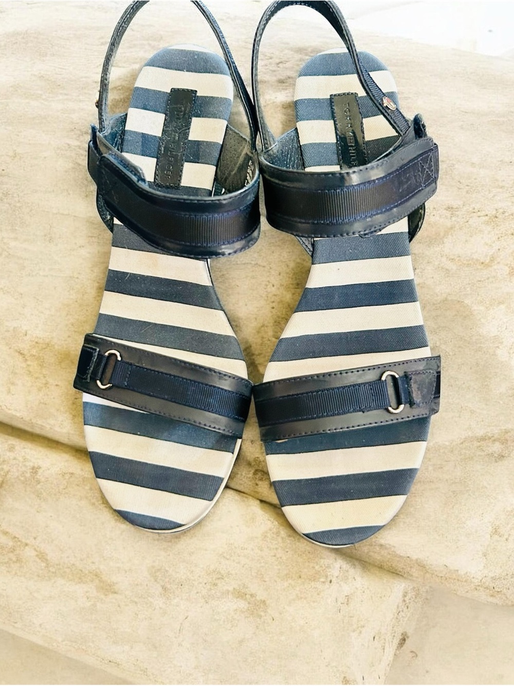 Tommy Hilfiger nautical blue and White Striped Slingback wedge Sandals.